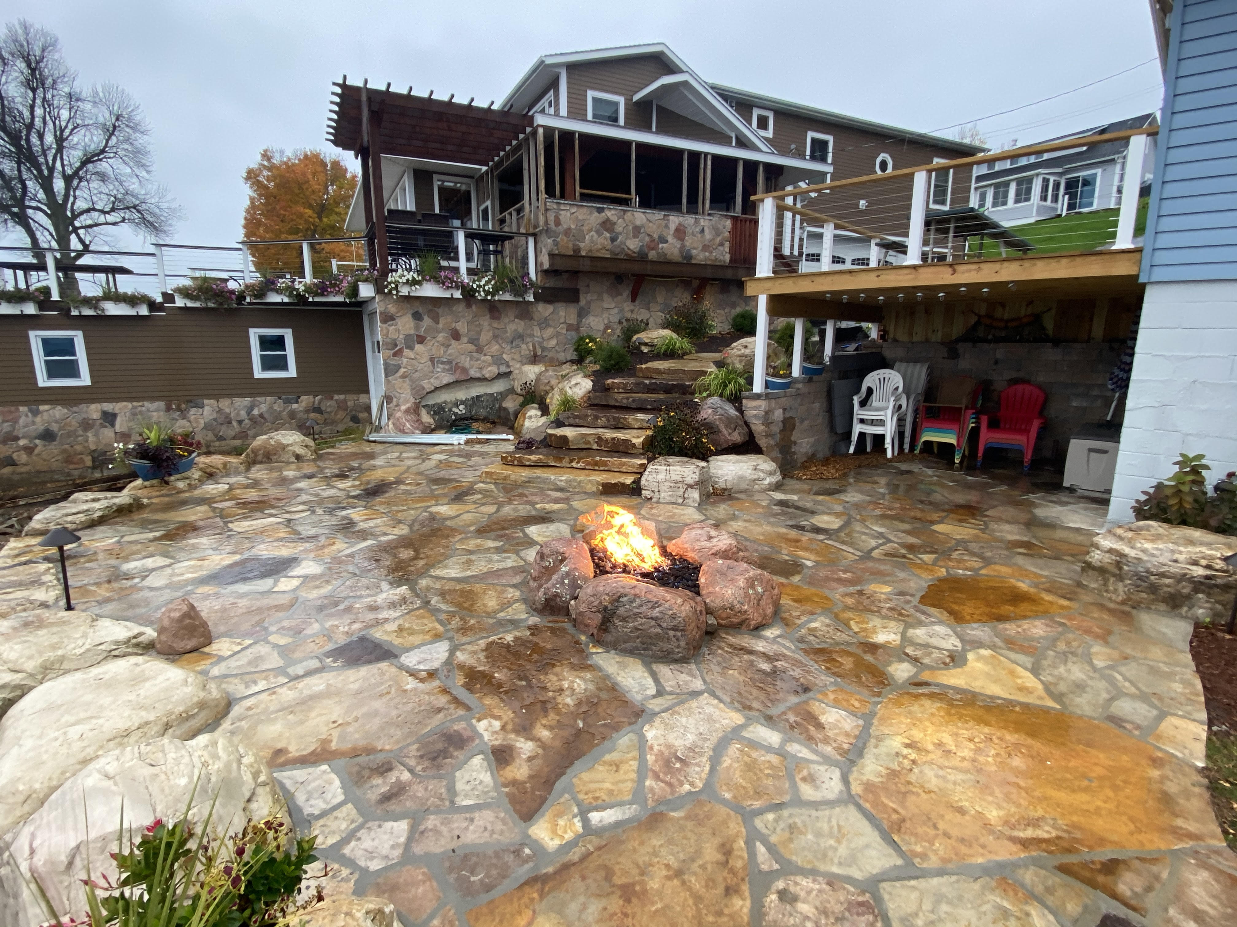 Flagstone Patio Gas Fire Pit & Sandstone Stairs